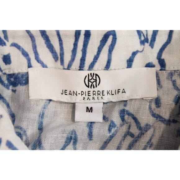 Jean-Pierre Klifa Top Womens White Blue Bunny Print Linen Blend Button Up Casual - Picture 5 of 9